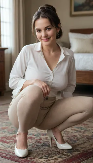 A 50-year-old mature secretary, Uzbek, with high cheekbones, smiling, squatting, there are no earrings on the ears. spreading her legs.long, brown hair pulled back into a bun. Her hair long is straight long and brown. She wears a white blouse with the buttons undone, revealing her ample breasts. She wears tight, thin beige trousers. She has curvy hips and a large butt. A realistic photo. 4k. She is sitting on a patterned Turkish rug. on her feet are white high-heeled shoes