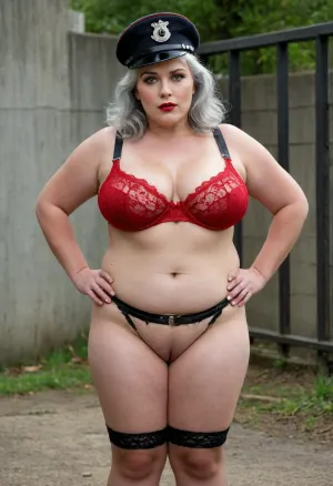 middle aged OBESE woman, overweight, very big boobs, shaved pussy, gray hair, wrinkled face, high cheekbones, red lipstick, black makeup, SHAGGY TITS, SHAGGY BELLY, red transparent lace bra, military uniform, cap, ((without skirt)), ((without panties)), long boots, belt, full figure visible, outdoor, prisoners of war, sharp lighting, realistic image, ultra HD, 8k, veinyonez, chubbyonez, matureonez, <lora:realboobzXL:.8>
