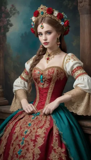 A full-length portrait of a stunning Russian beauty adorned in an intricately designed national costume. The costume features a high-raised hem, revealing her bare breasts in a tasteful and artistic manner. The fabric is richly decorated with bright, saturated lace filigree in traditional Russian patterns, including floral and geometric ornaments in gold and crimson hues.
Artistic Style, Technique, Highly detailed watercolor combined with a glaze technique, enhanced with colored alcohol ink for depth and luminosity.
Inspiration, Inspired by Viktor Vasnetsov’s iconic style, blending folklore elements with a fairy-tale atmosphere.
Color Palette, Rich and saturated colors, with a focus on deep reds, golds, blues, and emerald greens, evoking traditional Russian aesthetics.

Details, Texture, The fabric of the costume should have a tactile, almost three-dimensional quality, with intricate embroidery and lacework.
Lighting, Soft, diffused lighting that highlights the textures of the lace and fabric, casting gentle shadows to emphasize the contours of her figure and the costume.
Background, A subtle, dreamy landscape or ornate interior inspired by Russian folklore, adding depth without distracting from the main subject.
Expression, The woman’s expression should be serene and dignified, with a hint of mystery, reflecting the timeless beauty of Russian folklore heroines.

Composition, Pose, Elegant and graceful, with a slight contrapposto to emphasize the flow of the costume and the natural curves of her body.
Focus, Crisp, highly detailed focus on the costume and her features, with a soft blur in the background to maintain depth and draw attention to the subject.

Mood, Atmosphere, Ethereal and enchanting, evoking the magic and grandeur of Russian fairy tales and legends.
Emotion, A sense of pride and timeless beauty, capturing the essence of Russian cultural heritage.