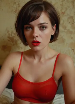 pov hand, bite lip hungry slut, young, brothel room, red neon, ugly, dirty, mess, secret bunker, soviet aesthetic, underground, sexual slavery, prostitute, slutty short haircut, slutty red slutty underwear, hopeless, poor, miserable