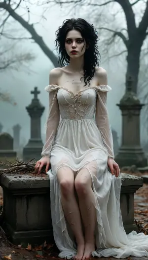 High contrast, full body view, supernatural dead girl freshly out of her grave, alternative, goth, black waist length messy and ruffled dirty black hair with tangles and twigs, pale white dead eyes, wide hips, hour glass figure, (skin painted pale white:1.7), mascara, black lips, long legs, large breasts, starved look, hands covered in soil as if she has just been digging with them, barefoot, dirty feet, (dirty sheer see through white off the shoulder burial gown:1.4), ethereal, lost, unsettling, seductive, imposing, expressionless, mysterious, foreboding, haunting, sitting on a large sarcophagus in a misty graveyard at dusk in the rain, <lora:detailed_notrigger:.8>, <lora:MJ52:.8>
