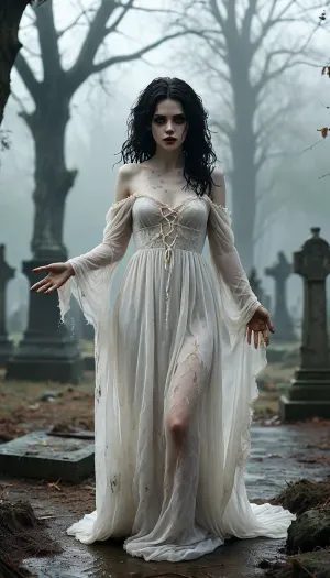 High contrast, full body view, supernatural dead girl freshly out of her grave, alternative, goth, black waist length messy and ruffled dirty black hair with tangles and twigs, pale white dead eyes, wide hips, hour glass figure, (skin painted pale white:1.7), mascara, black lips, long legs, large breasts, starved look, hands covered in soil as if she has just been digging with them, barefoot, dirty feet, (dirty sheer see through white off the shoulder burial gown:1.4), (see thru dress:1.5), ethereal, lost, unsettling, seductive, imposing, expressionless, mysterious, foreboding, haunting, shambling through a misty graveyard at dusk in the rain, head tilted to the right, left arm and hand reaching out to the viewer, <lora:detailed_notrigger:.8>, <lora:MJ52:.8>
