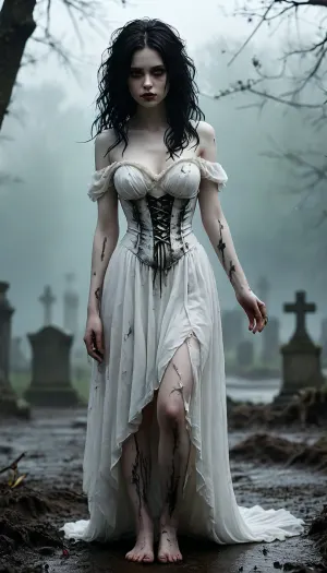 High contrast, full body view, supernatural dead girl freshly out of her grave, alternative, goth, black waist length messy and ruffled dirty black hair with tangles and twigs, pale white dead eyes, wide hips, hour glass figure, (skin painted pale white:1.7), mascara, black lips, long legs, large breasts, starved look, hands covered in soil as if she had just been digging with them, barefoot, dirty feet, sheer white off the shoulder dress and corset spotted by streaks of fresh dark soil and torn in places, ethereal, lost, unsettling, seductive, imposing, expressionless, mysterious, foreboding, haunting, shambling through a misty graveyard at dusk in the rain, <lora:detailed_notrigger:.8>, <lora:MJ52:.8>