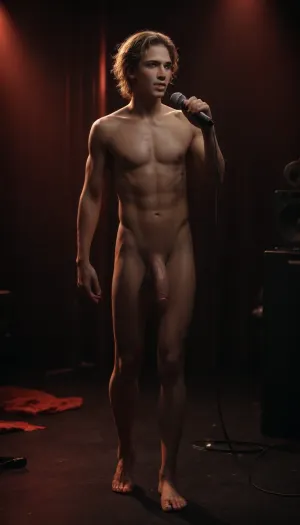 22yo danish, (male:1.3), gay guy, slender, fit, blonde hair, blue eyes, naked, walking, arched back, singing, sceaming, looking up, holding microphone, semi erect penis, big penis, smiling, seductive expression, long legs, penis and testicles visible, full body view, in music room, amplifier, studio speaker, (velumia red light), red spotlight at penis, designbyjens, <lora:IGdesignbyjens:.8>, <lora:dark:.6>