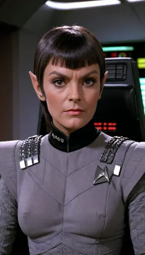 22 year old, Very attractive Romulan woman, gray Romulan outfit, pointed ears, V-shaped ridge on their foreheads, on a Romulan Warbird, Star, Trek, TNG, TV, on, the, control, panel, Borg, Klingon, Romulan, Starfleet, uniform, armor, <lora:Star Trek TNG SDXL v1:.5>