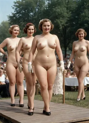 Bbw women, oiled skin, 1930s Vintage soviet nude beauty contest, variation of naked beauty pageant in Reed Square, late 1930 USSR beauty standards, (1930s USSR entourage:1.4), outdoor podium catwalk, crotchless clothes, lace vintage gloves, suspender stockings, medium heels shoes, analog photo, AGFA film