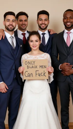A young Iranian sexy bride poses with six super muscular black skin african males wedding guests of different ages, different faces, different suit colors. The bride holds a handmade sign with text "Only black men can fuck".