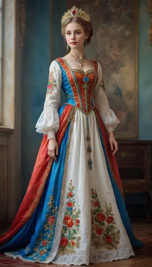 Full-length portrait of a Russian beauty in a national costume, lace filigree of bright, saturated color. Very clear, highly detailed watercolor, glaze technique, as well as colored alcohol ink in the style of V. Vasnetsov.
