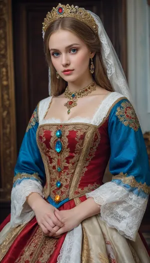 Full-length portrait of a Russian beauty in a national costume with a raised hem, lace filigree of bright, saturated color. Very clear, highly detailed watercolor, glaze technique, as well as colored alcohol ink in the style of V. Vasnetsov.