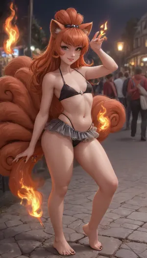 melkor mancin, tamada heijun art, strongbana art, dross art, aroma art, moisture art, reiq art, siroc art, showing feet, black toenails, (vulpix Pokémon:1.6), (solo:1.5), . a chubby women, (flat chest:1.3), puffy nipples, hyper hips, wide hips, massive thighs, (gigantic thighs:1.2), freckles on face, lovely smile. skirt. thong, 4ng3l, face, freckles, flame, spirit, glowing, bright, red-orange, on, fire, hair, raver, girl, at, a, festival, in, sunglasses, music, wearing, mask, with, glitter, 2017, 2012, party, costume, <lora:SDXLHighDetail_v6-000005:.5>, <lora:SDXL_BetterFaces-LoRA_v1:.7>, <lora:SdXL_better freckles_epoch_16:.6>, <lora:EnvyElementalFireXL01:1.5>, <lora:RaverGirls_XL_v1-000003:1.8>