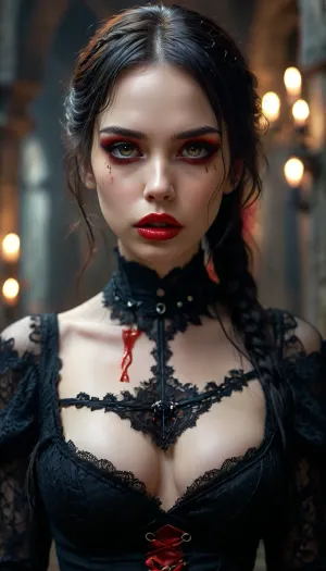 (((Virginia Vixx))), 30 years old, long straight raven hair, braids, glowing predatory blood red eyes, blood red lips, (lip gloss:1.3), starved look, pastey pale white skin, gaunt features, black off the shoulder detailed Gothic dress with deep cleavage and blood red trim, black lace sleeves, large perfect breasts, slight hourglass figure, thin arms, mouth agape, long perfect fangs, snarling, eyes intense, brow furled, angry, menacing, lunging forward as if to bite, old dungeon, Perfect, Fangs, fangs, sharp, teeth, fang, vixx, <lora:SDXLFaeTastic2400:.6>, <lora:MJ52:.4>, <lora:Unfazed vampire - XL SDXL V1.0:.8>, <lora:vixx_virginia_SDXL-LoRA-prodigy-clip1-v071:2>