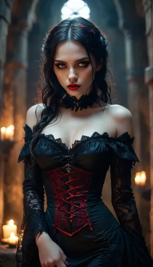 (((Virginia Vixx))), 30 years old, long straight raven hair, braids, glowing predatory blood red eyes, blood red lips, (lip gloss:1.3), starved look, pastey pale white skin, gaunt features, black off the shoulder detailed Gothic dress with deep cleavage and blood red trim, black lace sleeves, large perfect breasts, slight hourglass figure, thin arms, mouth agape, long perfect fangs, snarling, eyes intense, brow furled, angry, menacing, mysterious, sensual, foreboding, haunting, unsettling, old dungeon, Perfect, Fangs, fangs, sharp, teeth, fang, vixx, <lora:SDXLFaeTastic2400:.6>, <lora:MJ52:.4>, <lora:Unfazed vampire - XL SDXL V1.0:.8>, <lora:vixx_virginia_SDXL-LoRA-prodigy-clip1-v071:2>