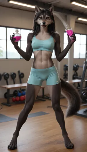 (Furry:1.6), full body, ((anthro wolf, anthro female wolf)), 18 years old, black fur, fur, anthro wolf, wolf faced, furry anthro, anthropomorphic wolf, wolf muzzle, werewolf woman, fur instead of skin, werewolf, fangs, long claws, abs, huge breast, muscular, slender, vagina, detailed pussy, smooth belly, slim, very slim, tight body, very smooth tummy, submissive, smiling, slender body, small breasts, full-body view, seductive pose, ((naked:.6)), gorgeous, perfect, ((huge hips:.6)), ((massive tits:1)), ((tiny narrow waist:1.2)), teal yoga shorts tight and firm showing Cameltoe, camel toe, vagina slit, very tight yoga shorts, fitted yoga shorts, workout shorts, tight, smooth contouring gym shorts. Gray sports bra, nipples erect shown through clothing. Gym like background, drinking from a water flask, stanley flask, pink flask, <lora:834320_training_data:1.2>, <lora:01_Vortex_:1>