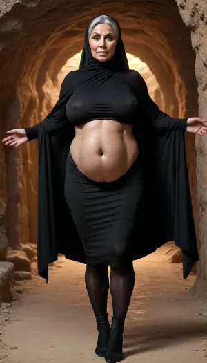 Oriental woman, voluptuous and very muscular 95 year old granny, ((very old women)), ((granny)), (mature:1.9), (gilf), (granny:1.9), Solo girl, dry face, some rides on face, old dry skin, she is at the back of a cave lit by multiple candles. Wearing a black burka of the high aristocracy covering her head, all naked, wearing black high heels, she is very muscular, burka style, viper's grey eyes, large breasts, detailed relief breasts, dark, atmospheric, dark fantasy style, burka, perfect figure, wide pelvis, big tits, beautiful long legs, ohwx, woman, full view, posing, uberfit, muscular, athletic, (trimmed pubic hair), (pregnant:1.1), <lora:SDXL_GigaTits:1.8>, <lora:uberfit_lora_sdxl:1.9>