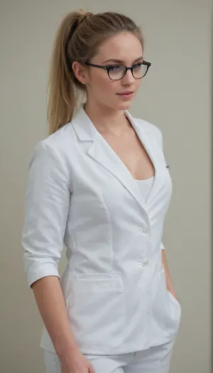 A gorgeous 29yo blonde nurse woman with big natraul tits, pale skin, slim fit athletic body, her hair is up in a bun, stunning face, black frame glasses, cute smile, and she wearing dark blue scrubs, with a white lab coat at hospital, talking with associates. Full body Full, prebac, frontlb, rearlb, bothlb, presenting, backside, realistic, real, face, hyper, realsitic, influencer, insta, beautiful, sexy, pretty, <lora:PresentBackside.0.9:.8>, <lora:Realistic_People_V1:.8>, <lora:Realistic_Insta_InfluencerV1.0:.8>, <lora:EldritchCandids1.1.2:.8>