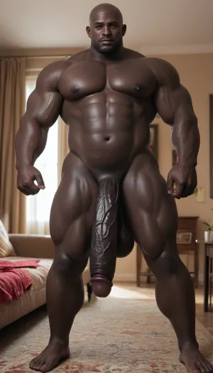 muscular fat black gay man standing, bbc, massive huge black cock, veiny black cocks, huge fat massive black cocks, erect cock, huge saggy balls, hotel room, nude, bald black man, black skin male