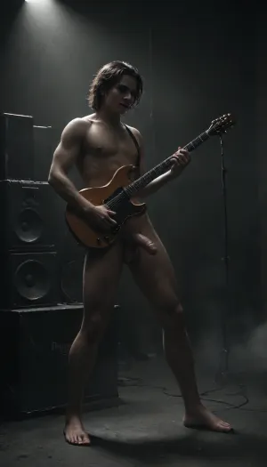 (perfect showlight:2), (100% bright lit a perfect penis:1.6), spanish, (male:1.3), gay guy, brown eyes, naked, standing, arched back, legs spread, singing, sceaming, looking up, playing guitar, smiling, seductive expression, long legs, penis and testicles visible, full body view, in music room, marshall guitar amplifier, studio speaker, (technically perfectly exposed penis:1.7), Black, and, white, art, black, shading, charcoal, toned, brutal, dark, b/w, color, scheme, cloudy, atmospheric, clouds, fog, r0ckc0ncert, on, stage, light, show, smoke, band, instruments, <lora:dark:.1>, <lora:Black and white art.V1:.1>, <lora:Cloudy_Style:.8>, <lora:Rock_Concert:1.9>, <lora:Dramatic_penis_SDXL:.8>