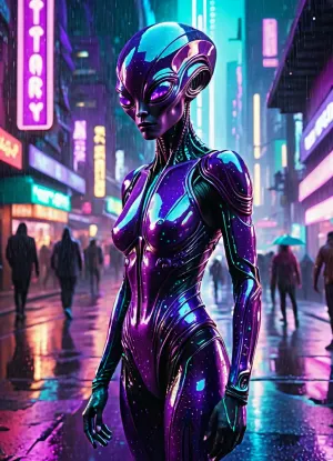 (full frame:11), (hyper-detailed alien with metallic skin:1.3), covered, (with shiny bright purple, pink, turquoise, and holographic particles:1.4), standing on, (a rainy, slippery street in a modern city:1.2), at night, (glowing neon signs reflecting on wet surfaces:1.1), (high-rise buildings:1), (blurred bokeh city lights:1), (dark shadows:1), volumetric lighting, dramatic cinematic lighting, vape wave aesthetics, (synthwave style:1), high detail, sharp focus, Octane render, concept art, author, Ash Thorpe and Syd Mead Translated with DeepL.com, (free version)