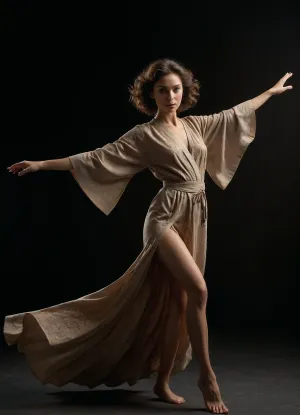 A high-quality studio photo with a dark background and excellent lighting is a perfectly balanced frame, where every element is thought out to the smallest detail. The dark background creates a deep contrast and allows the subject to stand out, attracting the viewer's attention.

The lighting is professional, multiple light sources are used to provide uniform and soft illumination of the object, minimizing shadows and emphasizing texture and details. The color temperature and light intensity are selected to maximize the beauty and expressiveness of the object. The image portrays a mature woman flying on a mechanical bird, contrasting with a futuristic cityscape and Tatooine's desolate landscape. Her features include an oval face, expressive light brown eyes, and a delicate yet assertive appearance. She has an almost perfect physique, with a slender figure and long, dark brown hair styled in loose curls.

Dressed in a luxurious robe with intricate patterns, her movements are fluid and poised, reminiscent of dance. The background is minimal, keeping the focus on her and the artist's skill. This sketch, created by NTY and utilizing Lora models, combines traditional artistry with cutting-edge technology, creating a visually compelling and conceptually rich work.