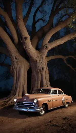 An old, rust-colored car sits on a bed of large, gnarled tree roots by night. The car has a dark, reddish-brown color with visible signs of age and wear, such as rust and weathering. The headlights shine and emit a warm glow. The car is a classic model from the 1950s. Large, detailed tree roots spread beneath the car, partially obscuring the ground. The roots are painted in rich brown and beige, almost appearing like a textured element. The car sits on a cracked, light brown surface reminiscent of dried earth or old parchment paper. The overall style is dark, dramatic, and gothic, with detailed, almost painterly brushstrokes emphasizing texture and shadow.. Three levels. night vision, soft fokus, parallax, overexposure. /©KlTTY-ART/