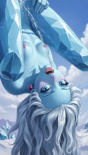 Couple, (blowjob:1.1), (mighty squirt:2), (mouth squirting:1.2), Close view, Perfect beautiful girl, ice elemental, (crystal body:1.3), blue skin, perfect small breast, crystal hair, on a top of snow mountain, surrounded clouds, naked, upside down pose, orgasm, (crystal legs:1.3), perfect face, high detailed face, perfect eyes, high derailed face, breeding