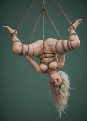 masterpiece, best quality, beautiful sexy slender 50 year old naked woman, (mature_face:1.3), (very long blond and white straight hair:1.1), shaved pussy, (full body in suspension in ropes:1.3), bdsm, (shibari:1.4), (suspension:1.5), green background