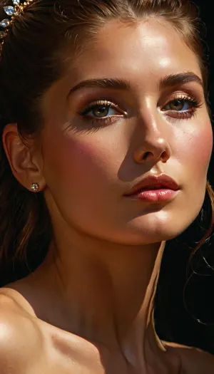 [digital painting by, (Lee Bogle and Arkhip Kuindzhi in the style of Nicolas de Stael and Charlie Bowater:1.2)], (high detail raw amateur color photo:.99), of a girl's face and cleavage, (large eyes, smirking, viewed from an angle:.8), tiara, brunette_ponytail, [], perfect hazel amber eyes, realistic skin detail, skin pores, topless, close up shot, raw, puffy pink nipples, nipple detail, erect nipples, (colorful:.65), ultra realistic, cinematic lighting, dynamic pose, an interplay of light and shadows, artsy, love, psychedelic, trip, <lora:love:2>, <lora:psychedelic_trip:.8>