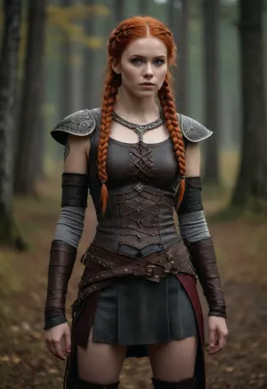 1 woman, 18 years old, white skin, posing, full body, cute face, (red hair), (intricate braided hair with many short braids), dark smoky eye makeup, warpainted, skinny, small waist, skinny thighs, (Viking style leather armor), ancient battlefield, Fantasy
