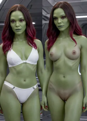 two pics dress and undress of Gamora from guardiens of galaxy, she is dressed in white underwear, white panties, in starship, front wiew, full body wiew, skswoman, <lora:Gamora:.8>, onoff, <lora:OnoffXL_ExtraCrispy:.8>