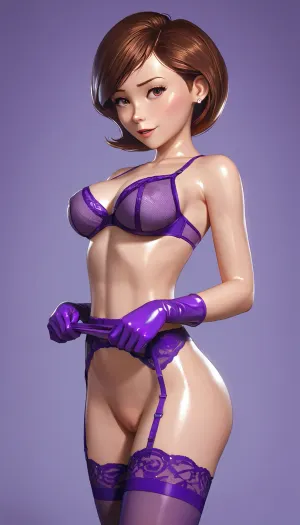 Helen Parr sex with Bob Parr from the Incredibles, nude standing, oiled up, purple silk half cup bra, purple long-sleeved silk gloves, purple silk stockings, purple silk garter belt with straps, sexy, beautiful