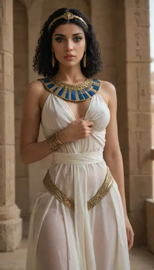 Ancient Egypt, (((((Cleopatra)))), (amazing body)), ((pharaoh, pharaoh is fully clothed, vet fancy clothes)), (standing in sexy pose), (seductive, seducting), (groping own boobs through clothes)