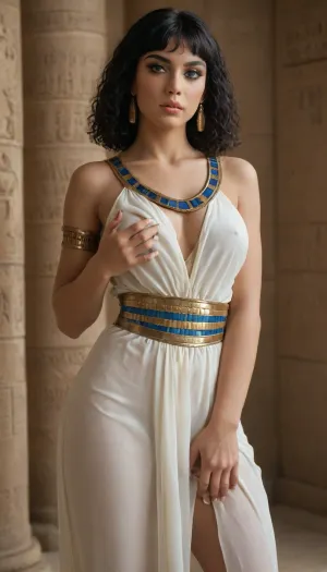 Ancient Egypt, (((((Cleopatra)))), (amazing body)), ((pharaoh, pharaoh is fully clothed, vet fancy clothes)), (standing in sexy pose), (seductive, seducting), (groping own boobs through clothes)