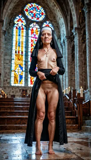 (((full body view))), Standing 6 m back, looking at the viewer, a very old grandmother, 69 years old, naked, plump, wrinkled and sagging skin, flat and loose breasts, empty and pendulous breasts, pierced nipples, full body, detailed face, church, cathedral, nun, fingers in pussy, cross necklace, shaved pussy, crying, looking at the sky, angry look, sperm dripping from the edge of her lips, ultra realistic, flat chest, small breasts, skirt lifted