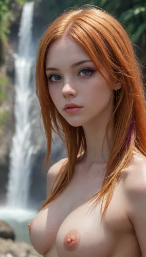 (wide shot:1.5), (beautiful 24 year old girl:1.4), (tiny tits:1.2), (nude:1.2), (long orange hair over one eye:1.5), (straight hair:1.4), (large volume of hair:1.6), (bright purple eyes:1.3), (petite muscular body:1.6), (thick thighs:1.5), (bubble butt:1.2), by a waterfall in the Amazon Jungle, Rainbowiridal, Spiral, rainbowiridal, palette, Shiny, Bright, Intense, gaze, Amber, woman, Genetically, modified..., <lora:Asian_Beauty XL:2>, <lora:Midjourney Image Enhancer XL v1:2>, <lora:HellJourney_XL_V1_universal:2>, <lora:405168_training_data:2>, <lora:Stunning_eyes_2:2>