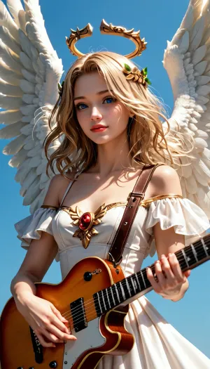 image of a woman with a guitar flying in the sky, of an beautiful angel girl, of a beautiful angel, a beautiful angel, a winged angel girl, a girl with angel wings, an angel girl, with beautiful wings, angelic, angelic wings, a girl playing guitar, spreading her wings, music in the air, beautiful angelic, epic angel wings