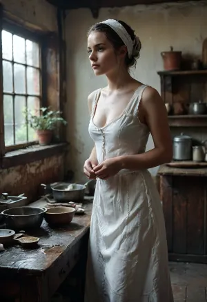 18 century, the young 18-year-old solo girl is working as helper in a castle kitchen, dressed in a long simple cotton dress and a headscarf, she is ultra sweaty, worn out, submissive, shy, ultra-flat-chested, exposing hard long erected nipples, (detailed perfect nipples in focus), joyful anticipation, looking to the viewer, (wet sweaty panties:1.6), FRESHIDEAS, Real, Photography, 2#, Black, and, white, art, black, shading, charcoal, toned, brutal, dark, b/w, color, scheme, <lora:FRESHIDEAS Real Photography 2#:.6>, <lora:Black and white art.V1:.1>, <lora:MJ52:.4>, <lora:add-detail-xl:.9>