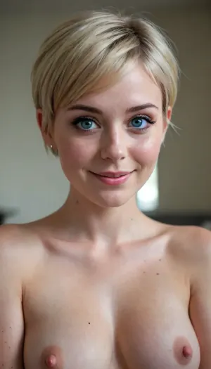 (attractive sexy 20-year-old woman, very pixie haircut, blonde hair, bangs, freckles, big blue eyes, thick eyebrows, black eyeliner, black eyeshadow, blush, slim body, undressed, nude, medium loose breasts, smiling)