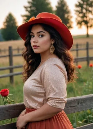 Black fat 23 years old woman in a scene with&nbsp;A warm orange glow stretches across the field. ROSA, stunning in her red rose hat, gold earrings sparkling, leans casually against a wooden fence. Her golden eyes shimmer like fireflies at dusk. Her hair is long and wavy