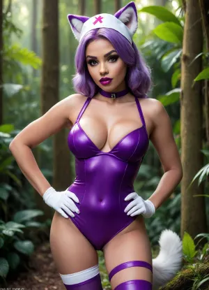 sexy toon female furry fox, fit body with wide lean hips, dressed as a nurse, full-body front view, plain background, Jungle, w4t3rf4ll, (big purple lips:1.5), (makeup:1.4), <lora:Jungle_w4t3rf4ll:.8>, <lora:early621-000002:.8>