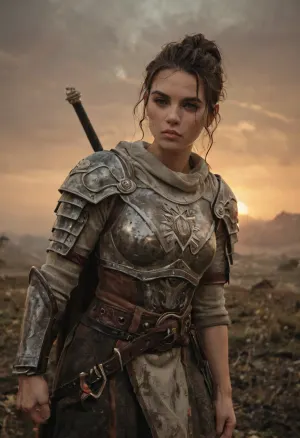 Female paladin, strong and determined, armor dented and scratched from battle yet still gleaming in places, short-cropped brown hair matted with sweat, a faint scar across her cheek, eyes burning with unshakable resolve, wearing a tattered tabard over heavy plate, gripping a longsword with dried blood along the blade, large shield marked with her deity’s symbol and battle damage, kneeling amidst a muddy battlefield lit by a dim golden light breaking through storm clouds, cinematic and ultra-realistic fantasy art