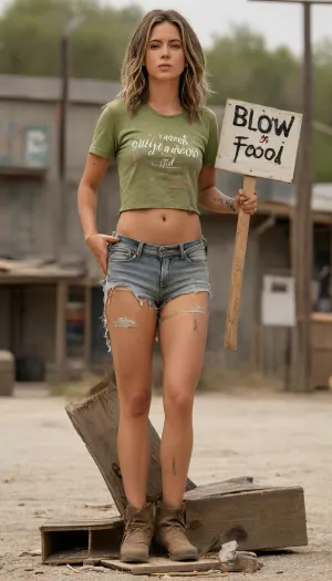 ((full body view)), Create an amazing masterpiece photo of an incredibly cute gorgeous sexy 38-year-old mexican coed woman standing on a junk yard in downtown San Antonio. She has dark hair butt blonded, wears torn jeans, torn ripped shirt, barefoot, dirty tiny feet, (holds a cartboard sign with handwritten text "BLOW FOR FOOD":1.8), she is beggin towards the viewer for money, She is wearing a tight ripped t-shirt with a graphic print and cut-off brown denim shorts and cowboy boots. face and skin are dirty and dusty. Light makeup, desperation in her face, luminous bright green eyes, show full body including boots, lots of detail, score_9, braless, Wearing, clothes, that, make, sense, with, Braless>, green, eyes, perfecteyes, <lora:MJ52:1>, <lora:bralessSDXL_v1_00022:1>, <lora:PerfectEyesXL:1>