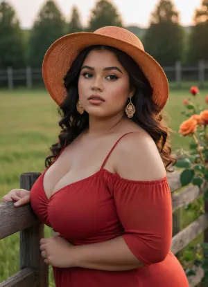 Portrait, Black fat 23 years old woman in a scene with&nbsp;A warm orange glow stretches across the field. Obese plumper, ROSA, stunning in her red rose hat, massive bust, gold earrings sparkling, leans casually against a wooden fence. Her golden eyes shimmer like fireflies at dusk. Her hair is long and wavy, fully dressed up, fully clothed