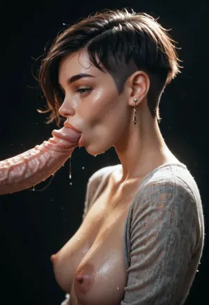 score_9, score_8_up, score_7_up, side view, diffused, lighting, extreme Closeup of the mouth of A sweaty 40-year-old, (fair-skinned), British woman with, (pixie cut brunette hair), sucking a veiny penis between her tits using her moist lips, (black background)