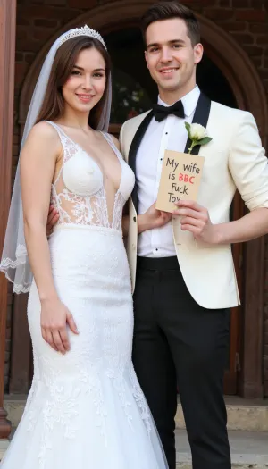 photo of a sexy iranian couple couple, persian super busty bride and groom, super sexy sheer ultra open deep v neck dress, and long lace wedding veil. on their wedding day in front of a church, smiling. Brown hair, The groom holds a handmade sign with text, "My wife is BBC Fuck Toy"., wedding, photo, groom, bride, <lora:female_beauty_v1_00:1.1>, <lora:wedding_photography_flux_lora:.8>