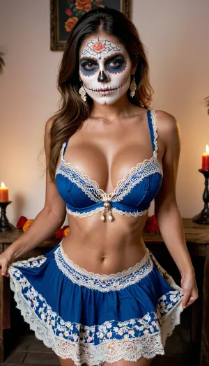 In street, dias de los muertos, feast, flowers everywhere, Nightly, warm lighting, candles, light smile, woman, make-up, 25 year old, skeletons, mexican dress, (show lace bra), show hairy pussy, dancing, hands on nipples, (show hairy pussy), lifting skirt, raw, perfecteyes, theme, epiCNegative, D14, D3, L0s, Mu3rt0s, female, painted, roses, <lora:Día_De_Los_Muertos:.8>, blue, and, white, t1, skull, makeup, mexican, talavera, dress, <lora:TalaveraCatrina_by_Devdope-000011:.8>, <lora:930339_training_data:.8>, detailed, eyes, perfect, freckles, skin, texture, photorealistic, <lora:Super_Eye_Detailer_By_Stable_Yogi_SDPD0:.8>