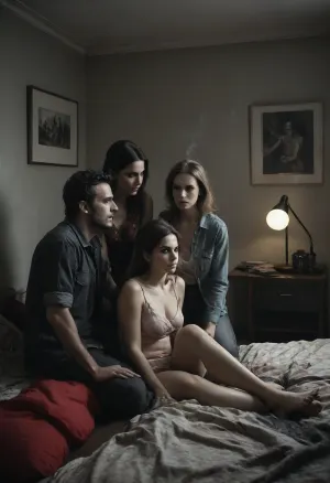 1970, Berlin, threesome in the Komune 1, liberation from sexuality, free love, changing partners, colorful apartment, smoking weed, colorful clothes, messy bedroom, photorealism, high resolution, maximum detail, Black, and, white, art, black, shading, charcoal, toned, brutal, dark, b/w, color, scheme, <lora:Black and white art.V1:.8>