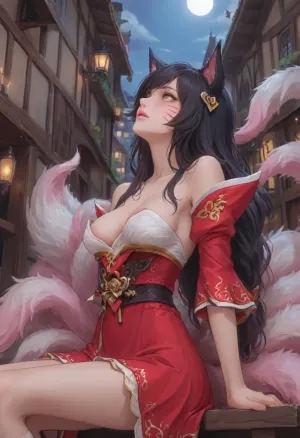 (anime:2), (ahri from league of legends:1.5), medieval town tavern outdoor background, (night time), cAndle light, deep neckline, (skinny), elastic breasts, (looking up), sitting on bench, low angle shot, white tails, magic sphere, black hair, half-side view, <lora:outline_xl_kohaku_delta_spv5x:.5>, <lora:NEOTOKIOXL_0.2_RC:.7>, <lora:Ppolar-P3v1-NbVp10:.7>, <lora:cartoon_stickers_xl_v1:.7>, <lora:detailed_notrigger:.8>