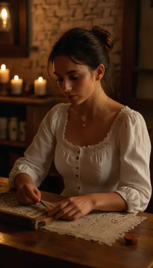 The image depicts a Maltese woman lacemaker sitting at a table engaged in crafting a delicate lace piece. The individual is focused on their work, using wooden weaving or lacing tools to create a detailed intricate design. The lace appears symmetrical and floral in shape with a layered ethereal texture. The setting is a cozy, rustic workspace with a brick wall in the background, wooden furnishings, and warm lighting. Nearby items include a basket with small objects and decorative jars, enhancing the artisanal and creative atmosphere. The person is dressed casually in a white button-down shirt. 8k, <lora:add-detail-xl:1.8>, <lora:MJ52:.5>