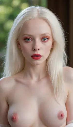 ((uhd), cinematic masterpiece, luxurious details, ultra-detail, noise-free, photorealism), full body, (bolumetric light), 1.3, the unique beauty of the albino woman, (angelic face, perfect face), (albino:1.5), white brades hair, with, (very white eyebrows), 1.5, and, (very white eyelashes, red eyes:1.5), with her hair, (very white:1.5), (released to the wind), 1.2, (angelic face), 1.4, ((the unique albino beauty of 20 years)), perfect white teeth, fully frontal nude, huge breasts, six pack, huge hips, open cameltoe big pussy lips, long legs spread apart.