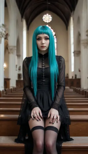 18 years old, goth girl, small and tiny long Turquoise haired Asian female model in a goth clothes in a church, {no panties}, anorexic, privates visible
